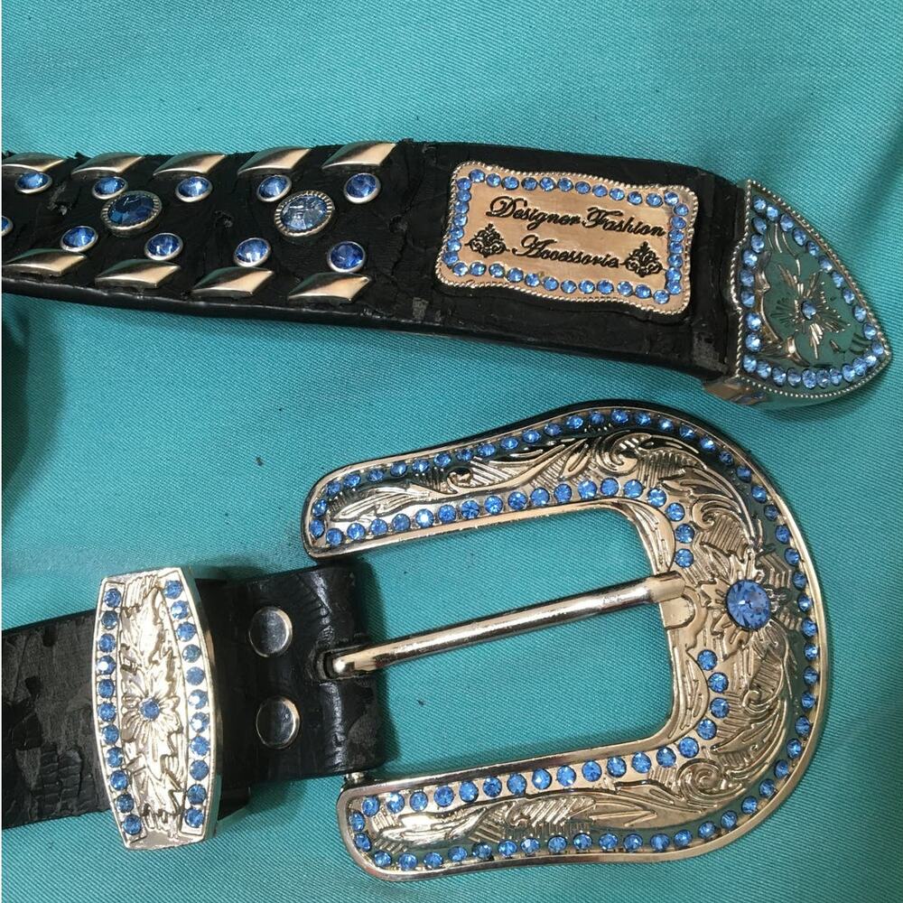 Designer Fashion Accessories 40" Blingy Black Leather Belt With Blue Rhinestones